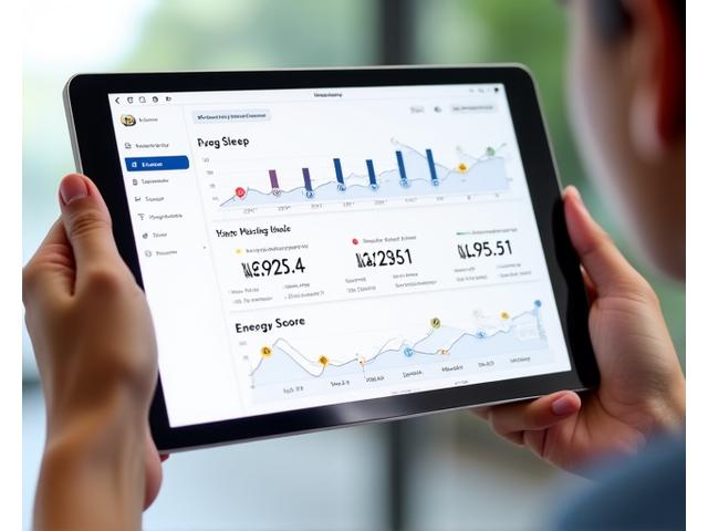 Screenshot of a user-friendly digital dashboard displaying health metrics like energy levels, sleep quality graphs, and nutritional adherence scores.